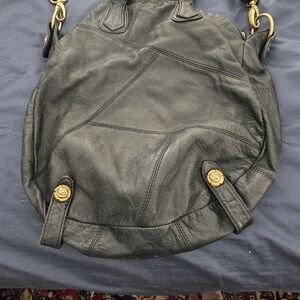 Rough Roses Black Leather Shoulder Bag with Gold Logo Plate